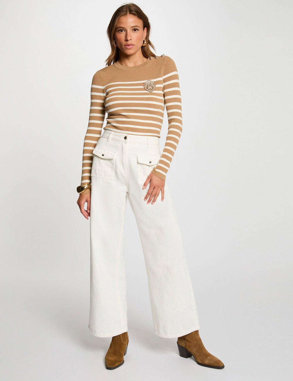 Long-sleeved striped jumper camel women