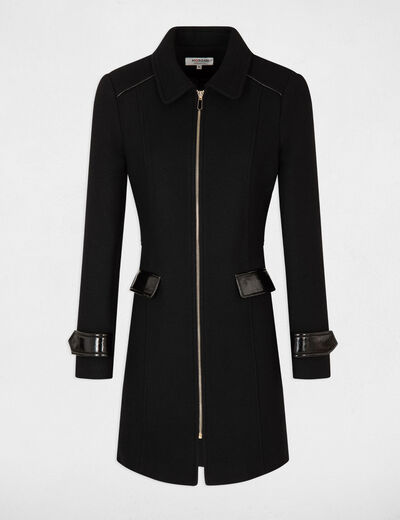 Straight coat faux leather details black ladies'