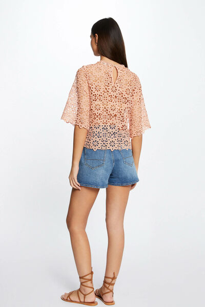 Short-sleeved blouse with lace medium pink ladies'