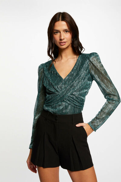 Long-sleeved t-shirt metallised threads green ladies'