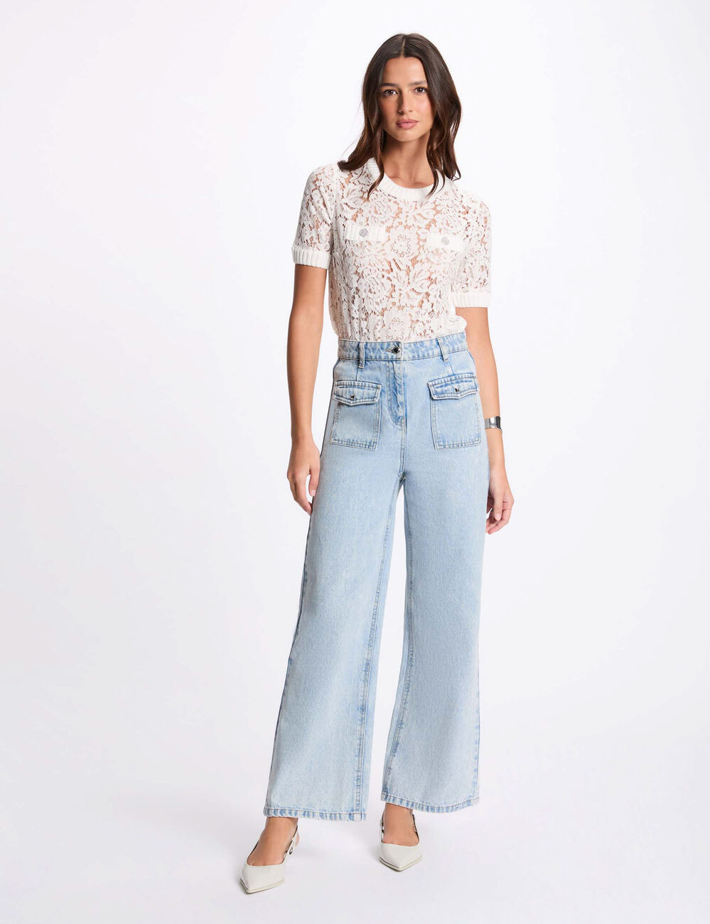 Pull manches courtes dentelle blanc femme