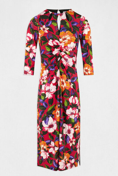 Shirred fitted midi dress floral print multico ladies'