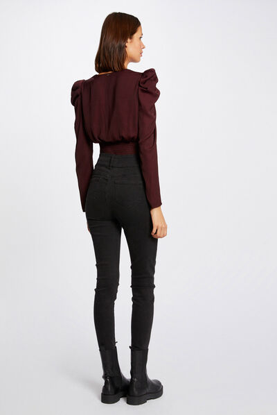 Long-sleeved blouse wrap-over neckline plum ladies'