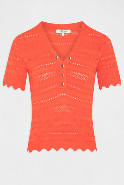 Short-sleeved jumper openwork details orange ladies'