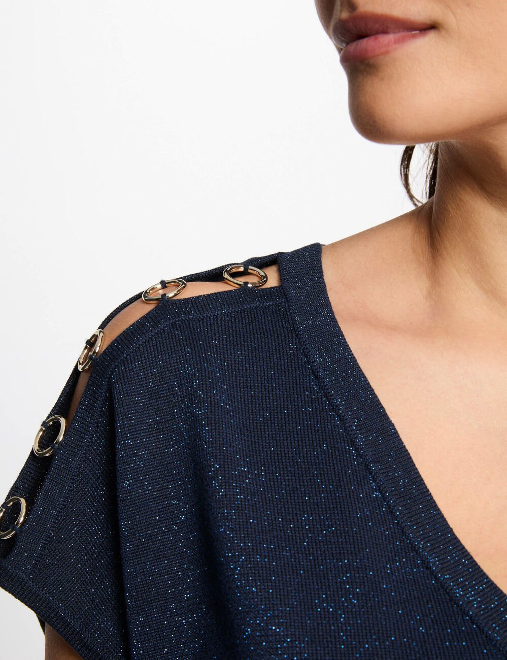 Pull col en V manches courtes bleu pétrole femme