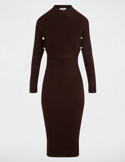 Fitted knit dress with long sleeves dark brown women