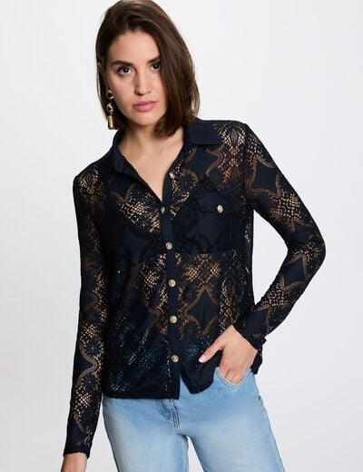 Lace shirt with a notched collar navy blue women