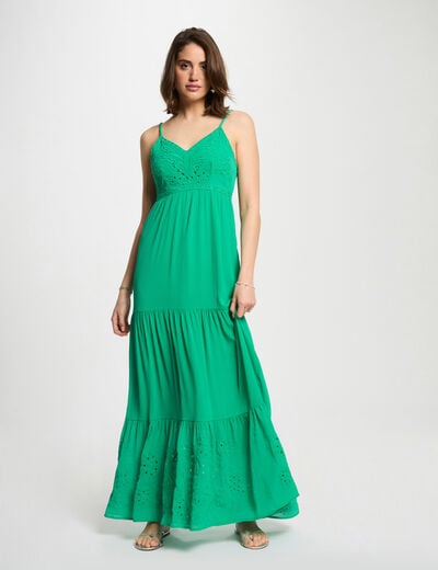 Loose maxi embroidered dress emerald green women