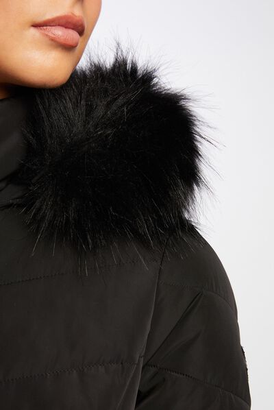 Long waisted padded jacket with hood black ladies'
