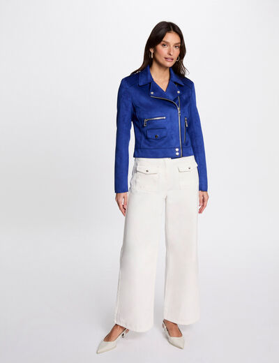Zipped short suede jacket electric blue women