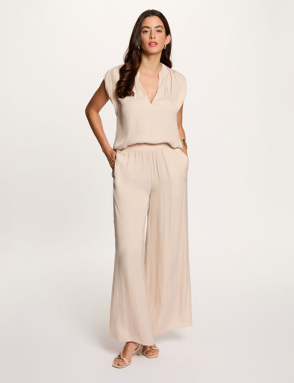 Satin short-sleeved blouse light beige women