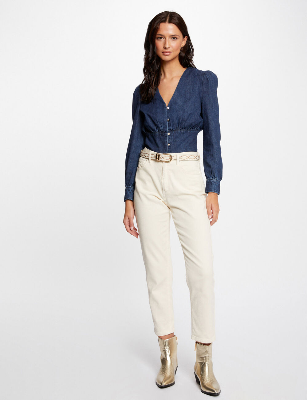 Long-sleeved denim blouse raw denim women