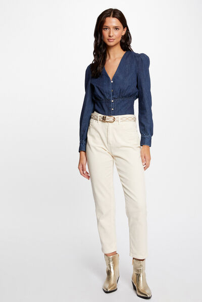 Long-sleeved denim blouse raw denim ladies'