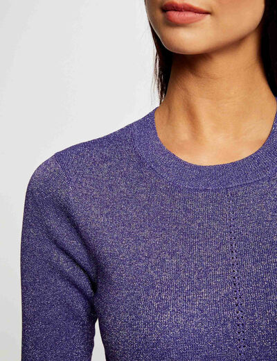 Short-sleeved jumper metallised threads purple ladies'