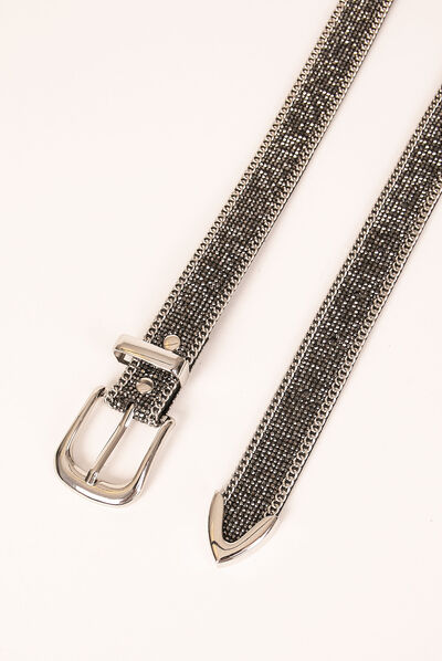 Belt with rhinestones and chains mid-grey ladies'
