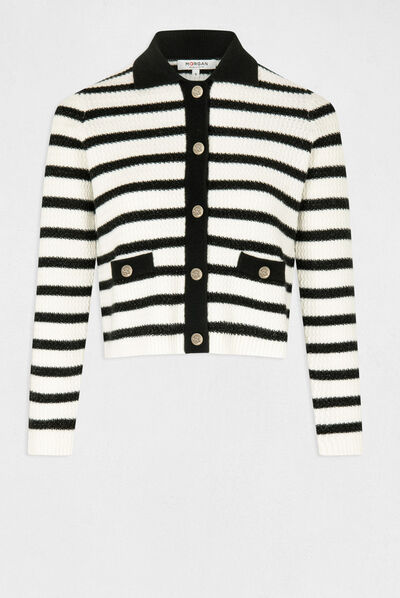 Buttoned straight cardigan with stripes ecru ladies'