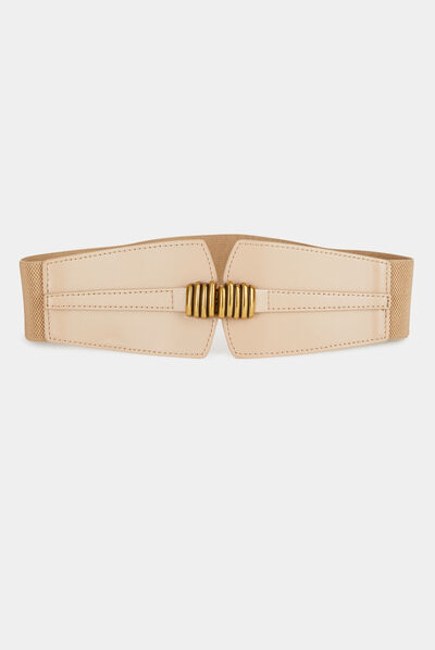 Elasticised belt with buckle with rings beige ladies'