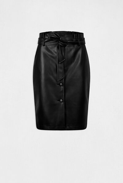 Straight belted skirt in faux leather black ladies'