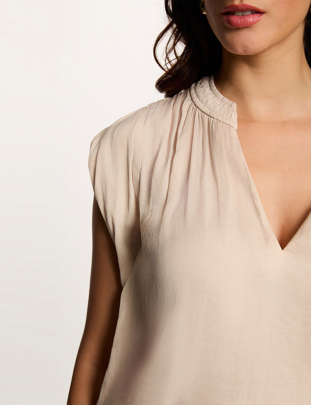 Satin short-sleeved blouse light beige women