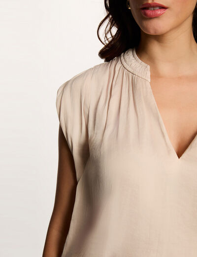 Satin short-sleeved blouse light beige women