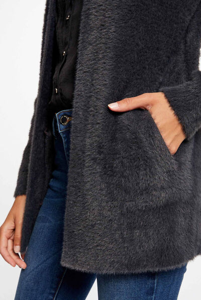 Long cardigan with fluffy knit anthracite grey ladies'