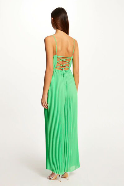 Wide leg pleated jumpsuit with open back green ladies'