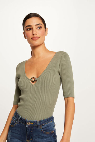 3/4-length sleeved jumper with ornament mid-green ladies'