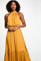 Robe longue évasée fluide jaune moutarde femme