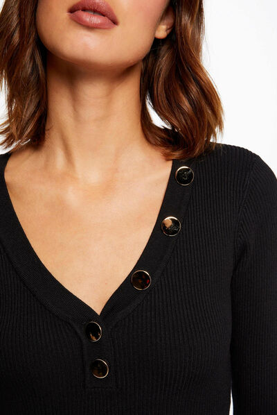 Long-sleeved jumper buttons fine knit black ladies'