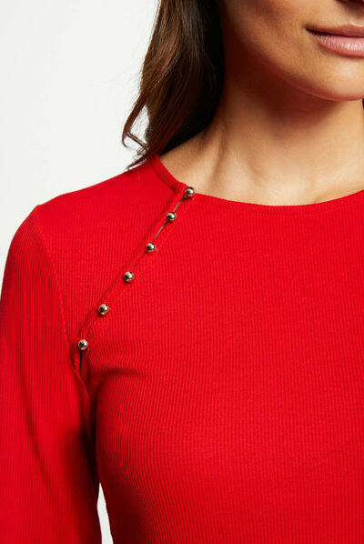 Ribbed long-sleeved t-shirt red ladies'