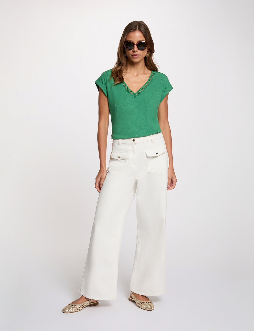 Shiny v-neck t-shirt meadow green women