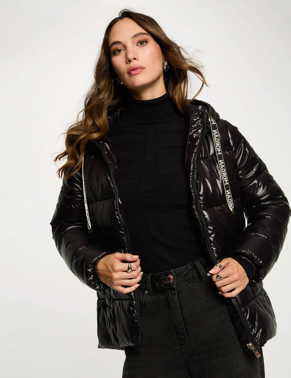 shiny cropped puffer jacket black women Shiny cropped puffer jacket black women