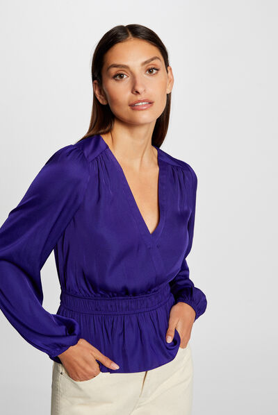 Satin long-sleeved t-shirt mid blue ladies'
