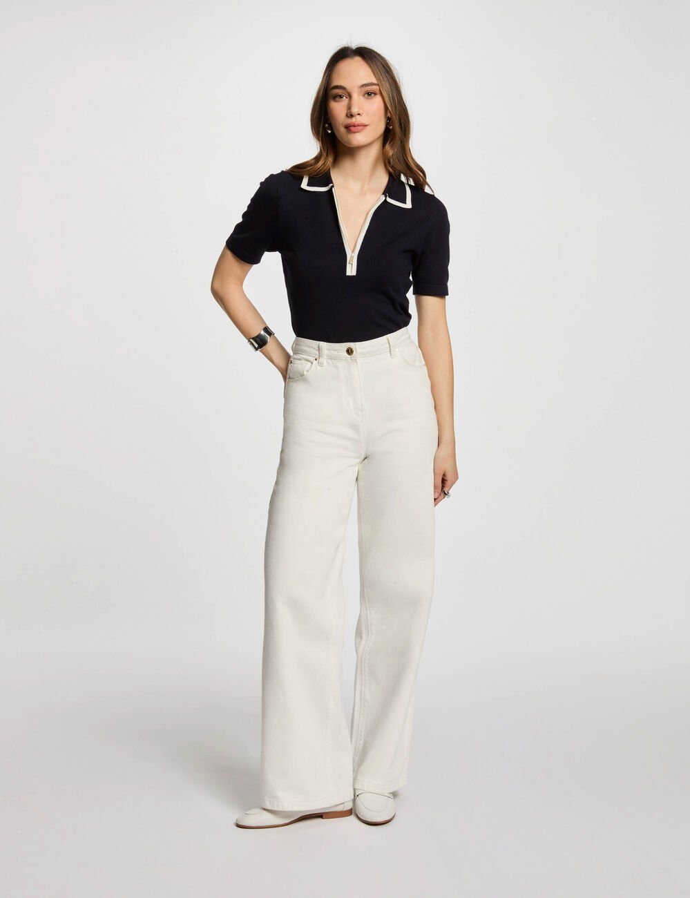 Pull col polo zippé bleu marine femme
