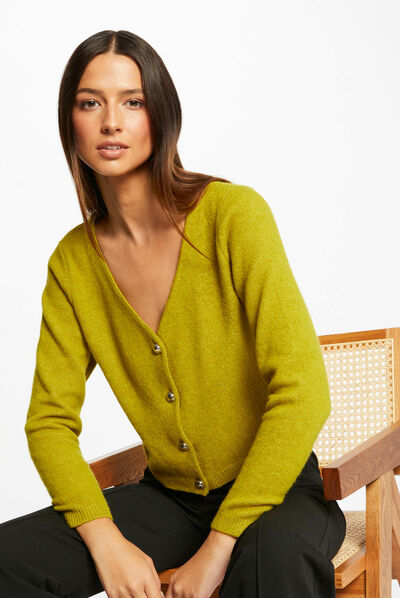Straight buttoned cardigan with V-neck aniseed ladies'
