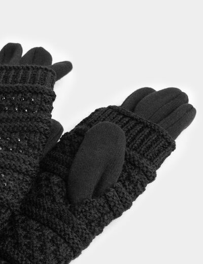 Knitted gloves with rhinestones black ladies'