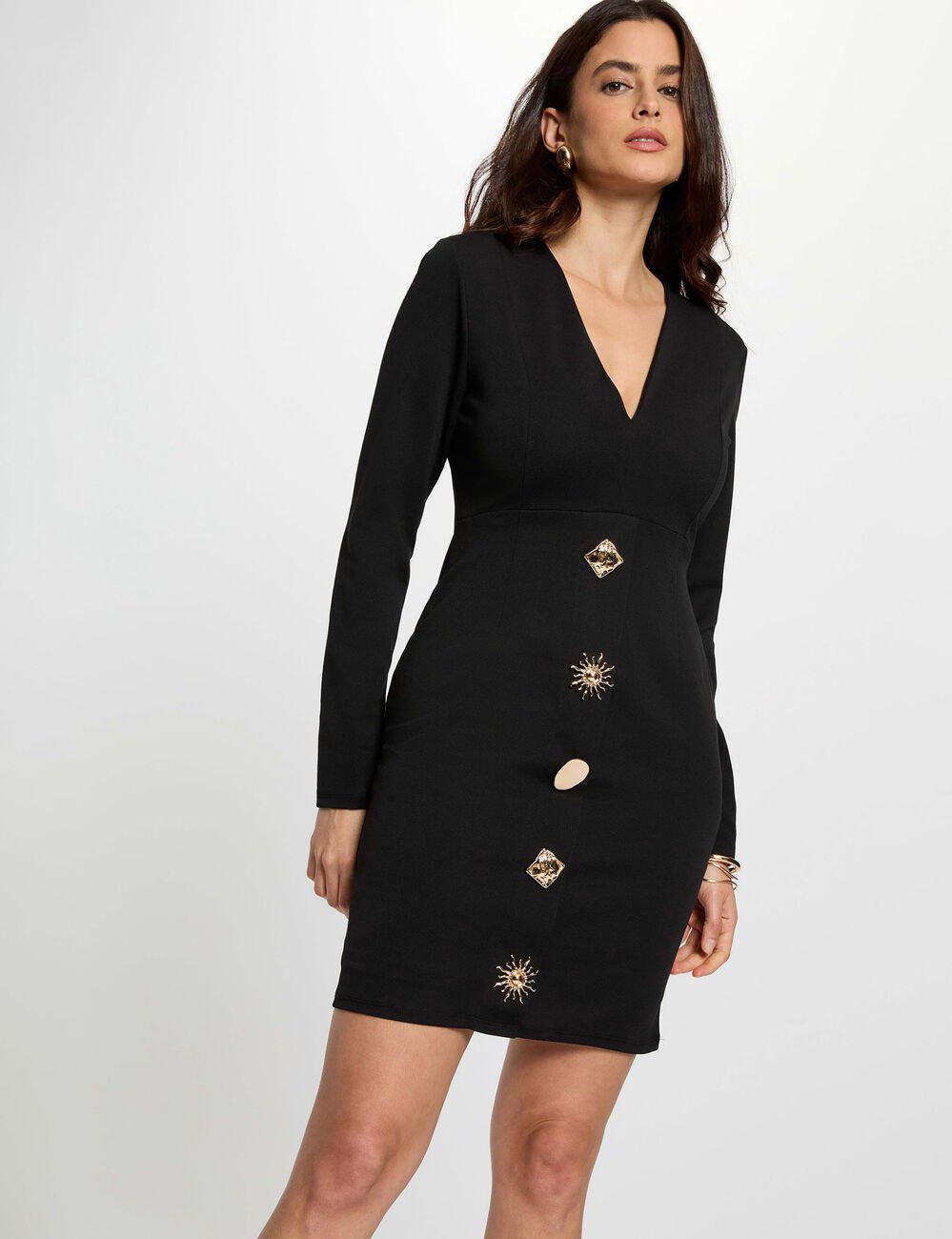 Fitted short dress with V-neck black women