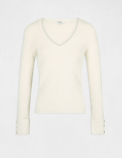 Long-sleeved jumper with V-neck ivory women