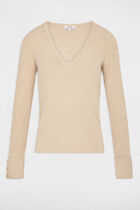 Pull manches longues avec col en V taupe femme