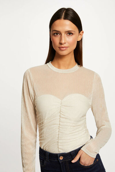 Long-sleeved t-shirt with shirring ivory ladies'
