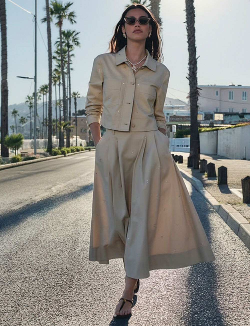 High-waisted long skirt beige women