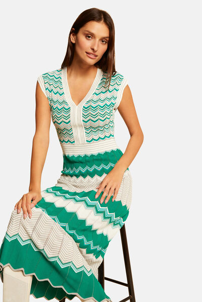 Maxi straight jumper dress chevron print green ladies'