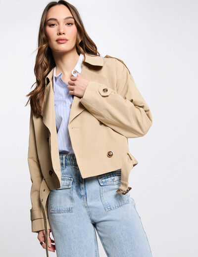 Belted short trenchcoat beige women