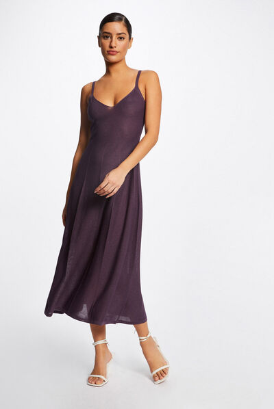 Midi A-line jumper dress thin straps plum ladies'