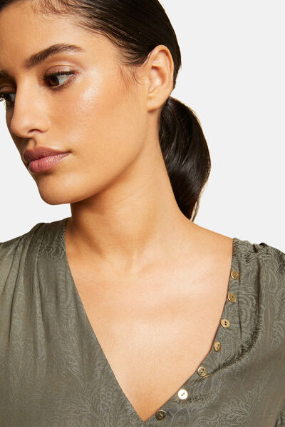 Printed short-sleeved blouse khaki green ladies'