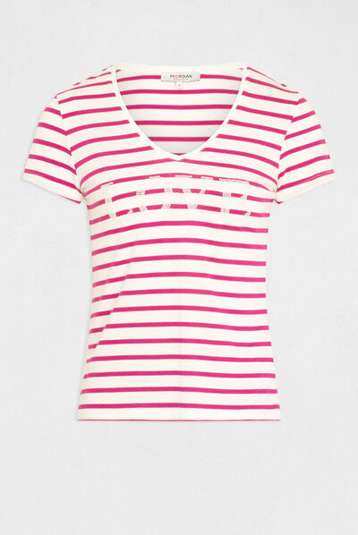Short-sleeved t-shirt with stripes raspberry ladies'