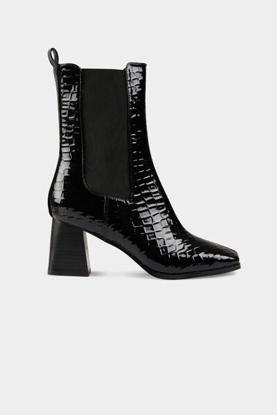 Patent croc effect boots with heels black ladies'