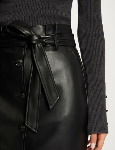 Straight belted skirt in faux leather black ladies'