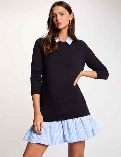 Knitted dress with folded collar navy blue women