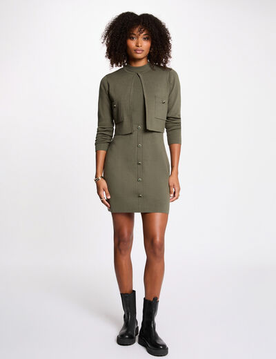 Knitted 2-in-1 effect dress khaki green women